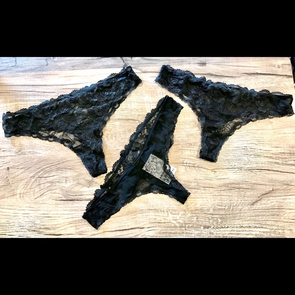 SET of 3 New, Size MEDIUM Black Lace Thong Pantie